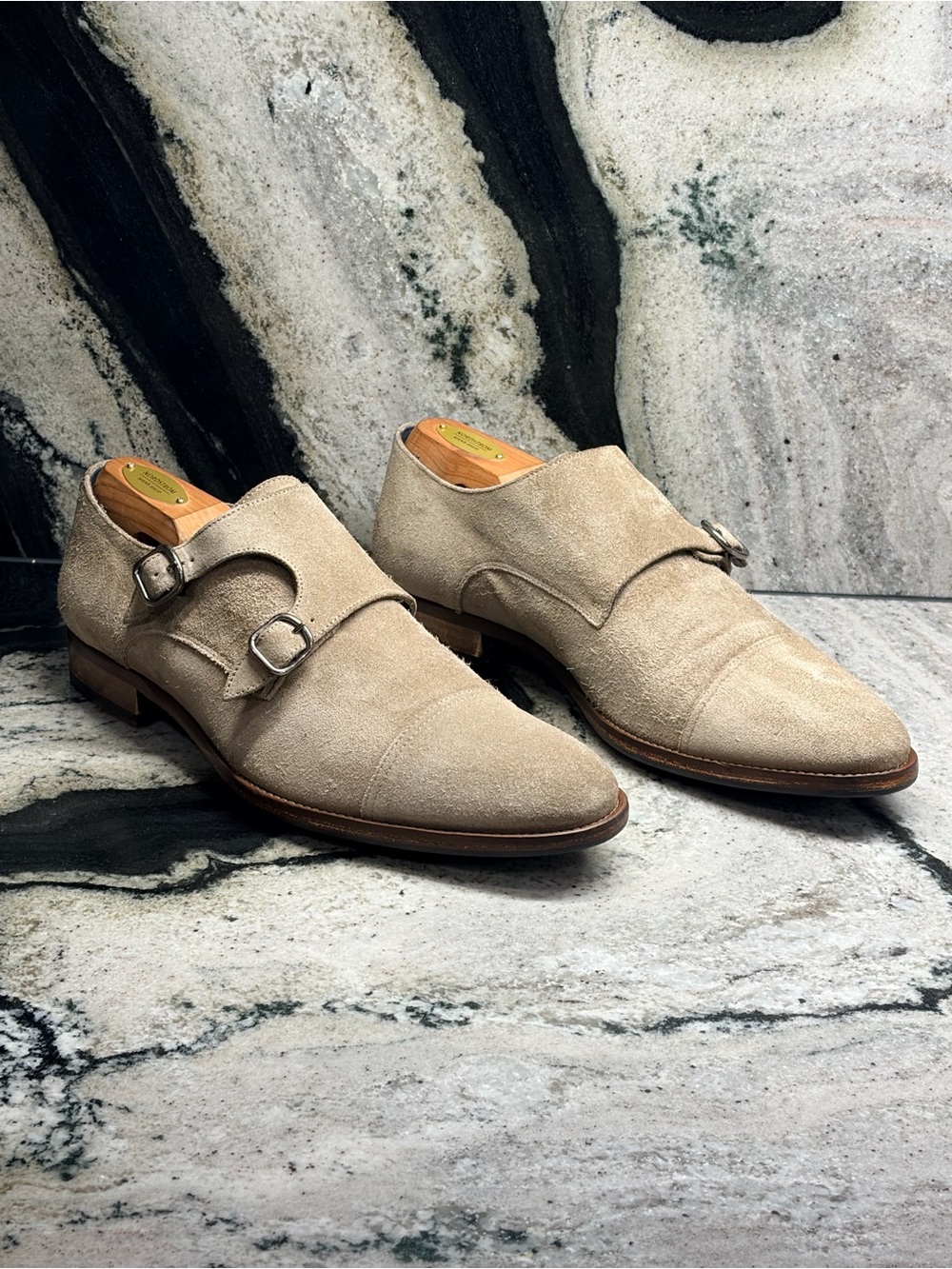 Suitsupply Men’s UK 8 G US 9 Taupe Grey Suede Double Monk Strap Shoes